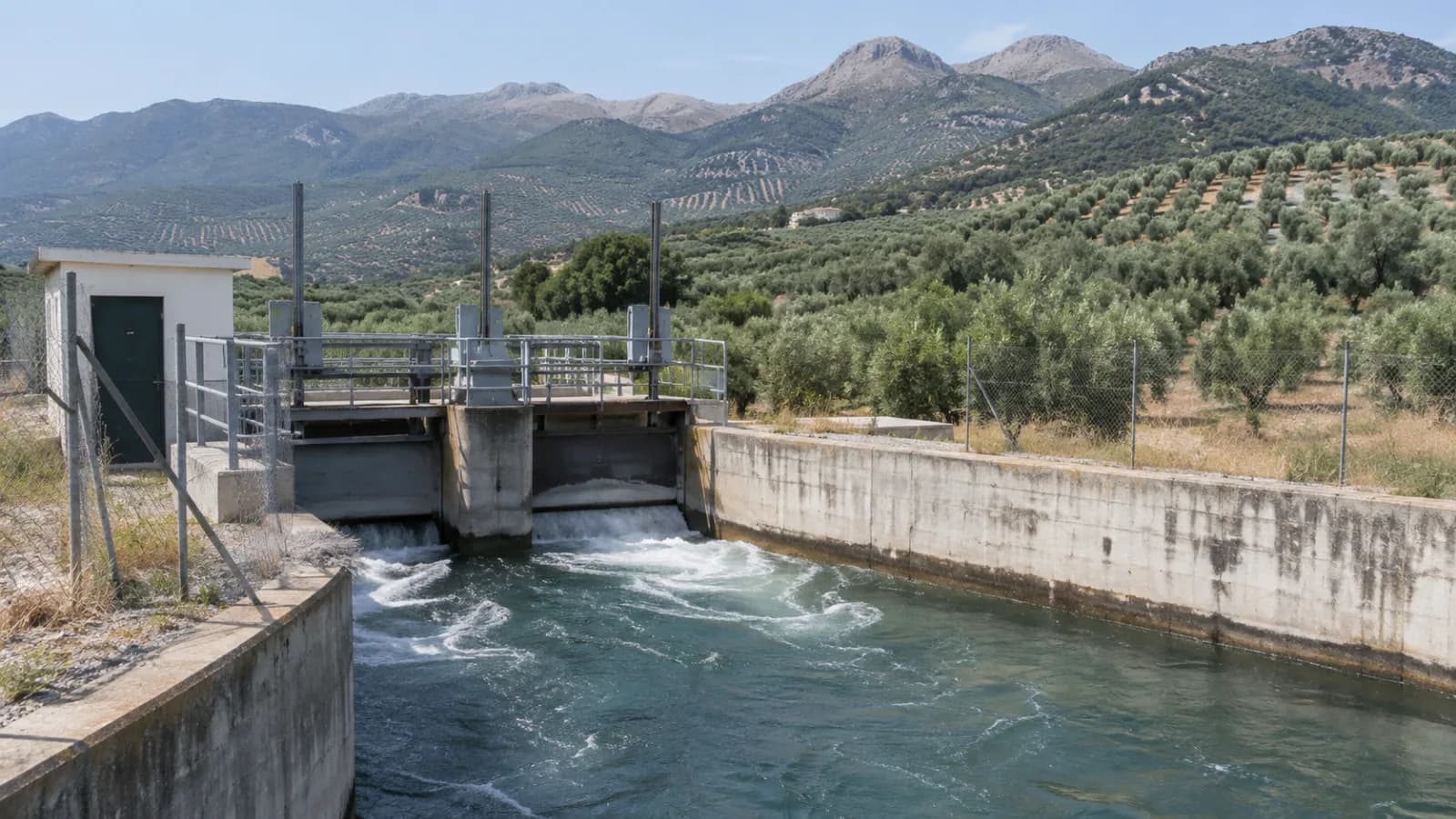Canal de riego con compuerta y olivares