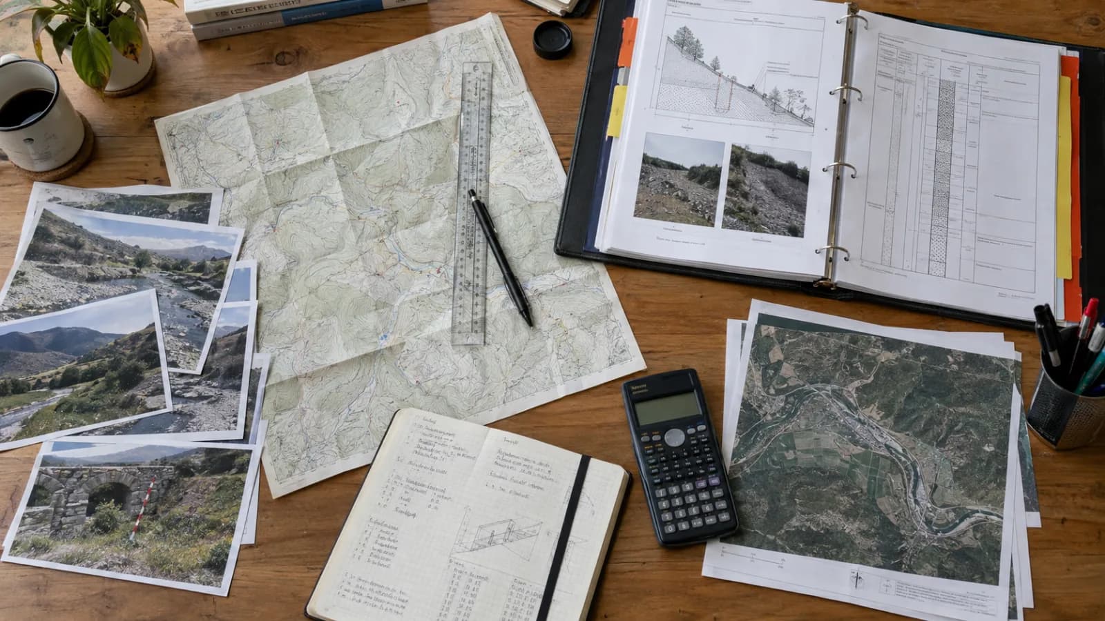 Cartografía y fotografías de campo de un proyecto de infraestructura