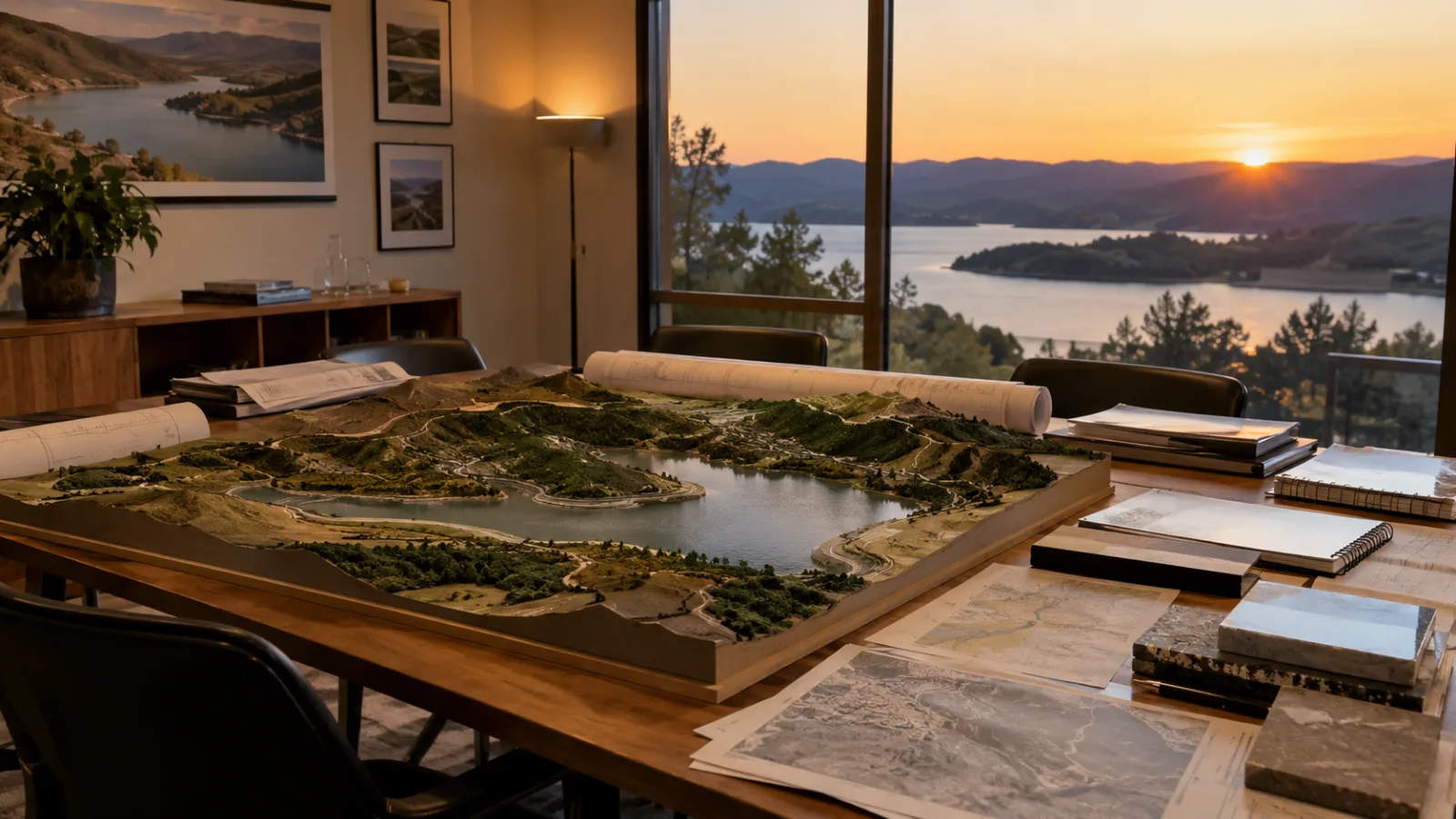 Maqueta de un embalse y su entorno sobre una mesa de despacho al atardecer