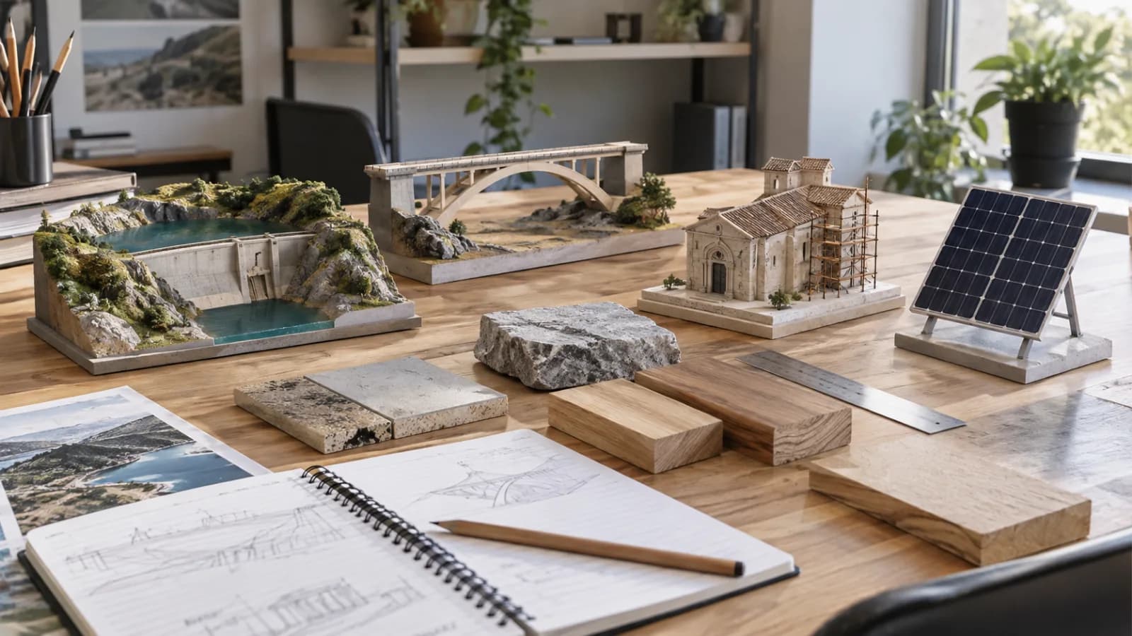 Maquetas de presa, puente, edificio rehabilitado y placa solar sobre una mesa de trabajo